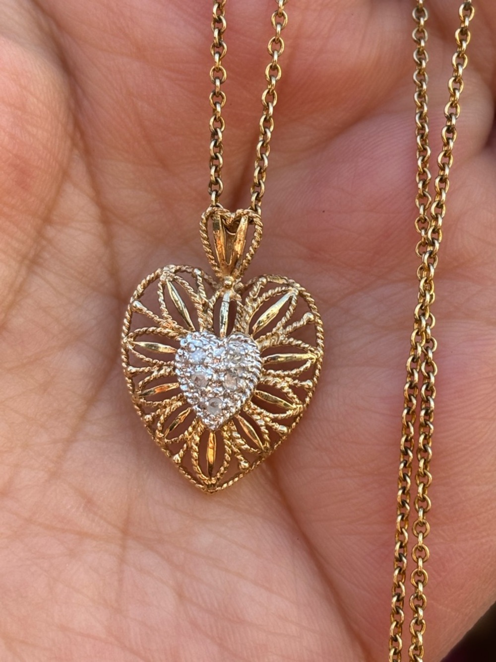 Vintage 10K Solid Gold Diamond Heart Pendant Filigree Openwork